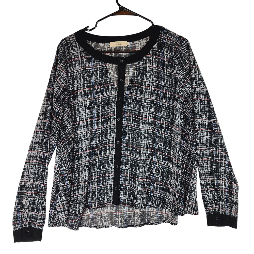 Elodie Long Sleeve Blouse‎ Top L Women Plaid Black White Red Blue Sheer Office